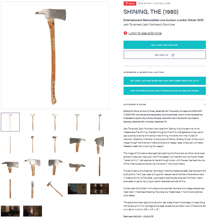 Propstore listing for Jack Torrance’s stunt axe from The Shining