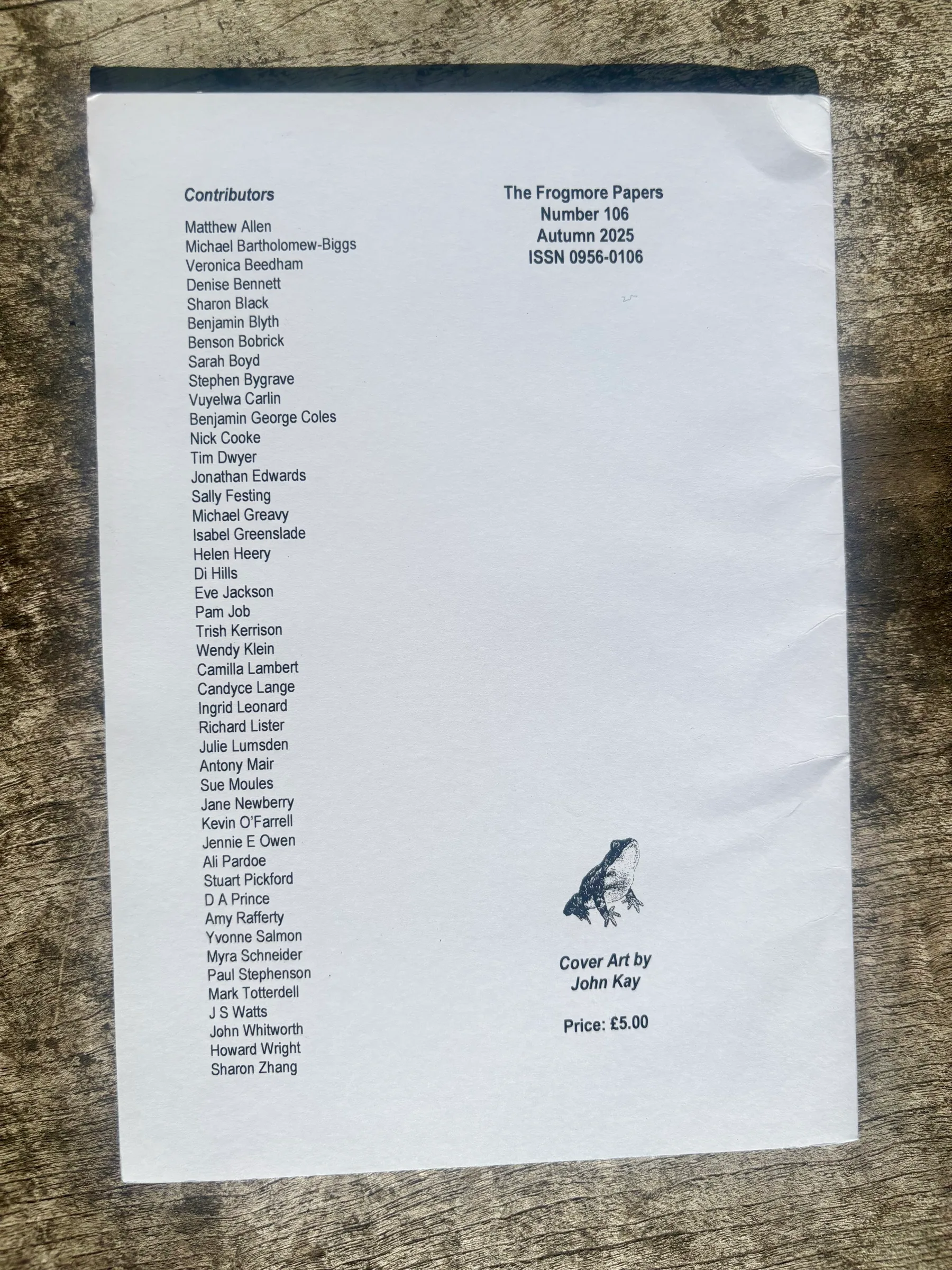 Back cover listing the issue’s contributors, including Matthew Allen